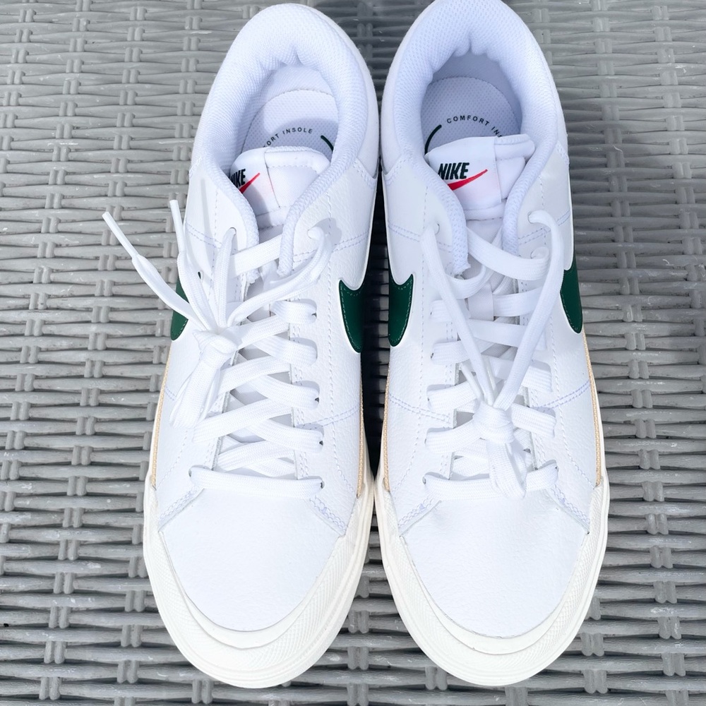 Nike White Leather Sneakers with Green and Tan Accents - Picture 2 of 5